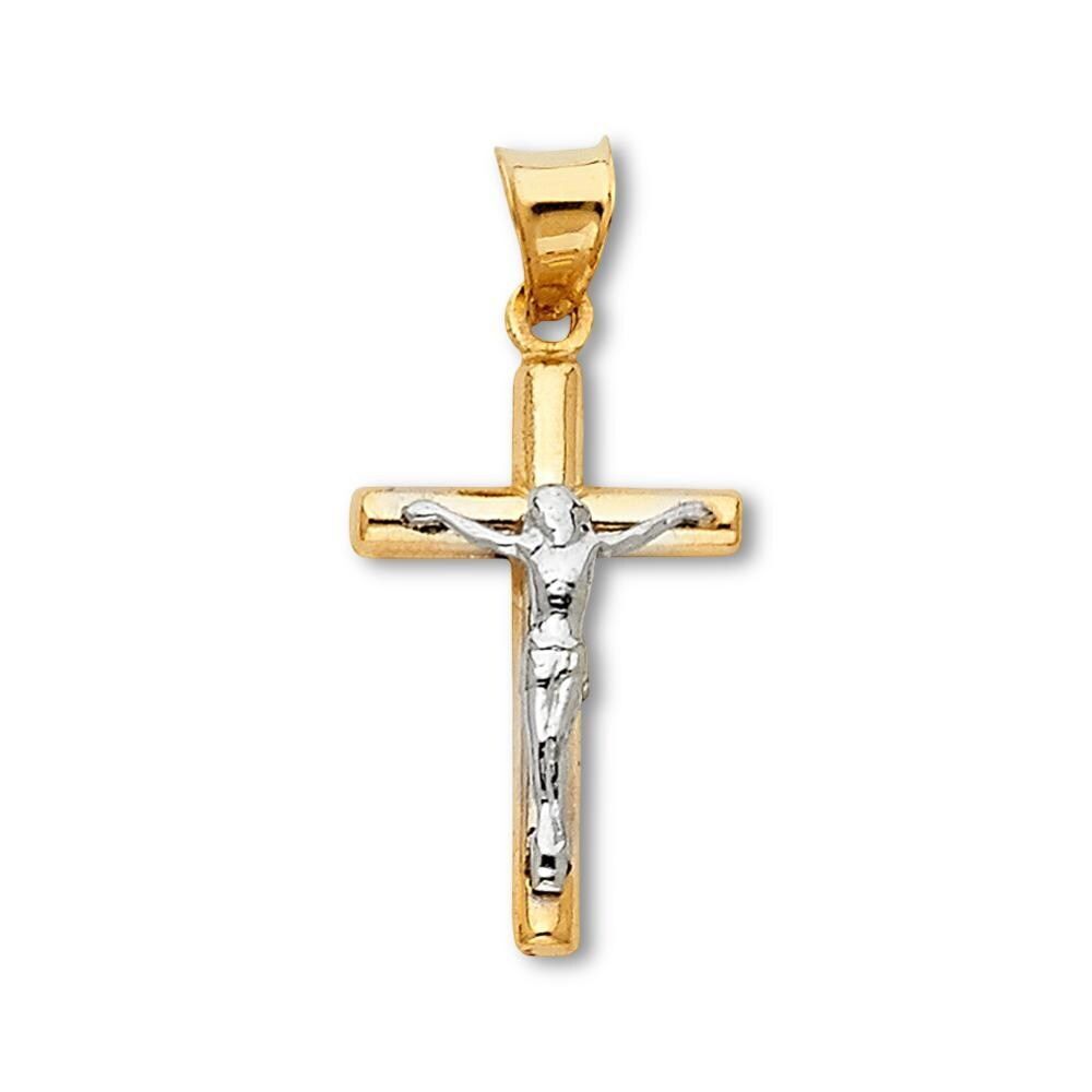 14K Gold Two-Tone Crucifix Pendant | Hollow Round Tube Cross By Tehrani Jewelry